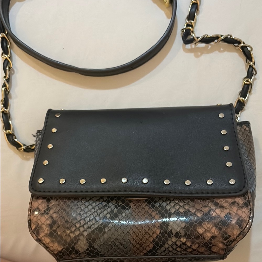 Black and Brown Snakeskin Crossbody Bag with Chain Strap